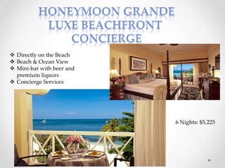  Directly on the Beach
 Beach & Ocean View
 Mini-bar with beer and
  premium liquors
 Concierge Services




                           6 Nights: $5,225
 