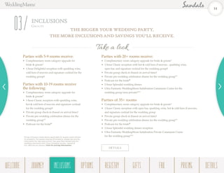 The bigger your wedding party,
the more inclusions and savings you’ll receive.
Take a look
Parties with 5-9 rooms receive:
•	 Complimentary room category upgrade for 		
	 bride & groom*
•	 1-hour Delightful reception with sparkling wine, 		
	 cold hors d’oeuvres and signature cocktail for the 		
	 wedding group†
Parties with 10-19 rooms receive
the following:
•	 Complimentary room category upgrade for 		
	 bride & groom*
•	 1-hour Classic reception with sparkling wine,
	 hot & cold hors d’oeuvres and signature cocktail
	 for the wedding group†
•	 Private group check-in (based on arrival time)1
•	 Private pre-wedding celebration dinner for the 		
	 wedding group**
•	 Pedicure for the bride§
Parties with 20+ rooms receive:
•	 Complimentary room category upgrade for bride & groom*
•	 1-hour Classic reception with hot & cold hors d’oeuvres , sparkling wine,
	 open bar, and signature cocktail for the wedding group†
•	 Private group check-in (based on arrival time)1
•	 Private pre-wedding celebration dinner for the wedding group**
•	 Pedicure for the bride§
•	 2-hour Splendid wedding dinner
•	 Ultra Funtastic WeddingMoon Sailabration Catamaran Cruise for the
	 wedding group (non private)***
Parties of 35+ rooms
•	 Complimentary room category upgrade for bride & groom*
•	 1-hour Classic reception with open bar, sparkling wine, hot & cold hors d’oeuvres, 	
	 and signature cocktail for the wedding group
•	 Private group check-in (based on arrival time)1
•	 Private pre-wedding celebration dinner for the wedding group**
•	 Pedicure for the bride§
•	 2-hour Splendid wedding dinner reception
•	 Ultra Funtastic WeddingMoon Sailabration Private Catamaran Cruise
	 for the wedding group***
DETAILS
INCLUSIONS
Grou ps
03
Group inclusions listed above applicable for guests rooms blocks
on-property. For guests staying off property, please see pricing
information for day pass access. Day pass fees waived only for
wedding ceremony and 3 hour reception access, valued at
min. $60.00 per person. Click for pricing information.
14
WELCOME REGISTRYJOURNEY GIFTSINCLUSIONS FAQOPTIONS PRICING DETAILSINCLUSIONS
 