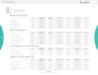 BRIDAL PACKAGES
BRIDAL PARTY SERVICES
PRICING
08 Spa 1/3
JAMAICA
NASSAU,
BAHAMAS
EXUMA,
BAHAMAS
SAINT LUCIA ANTIGUA GRENADA BARBADOS
SOMETHING LOVED $315.00 $315.00 $315.00 $315.00 $315.00 $315.00 $315.00
SOMETHING NEW $405.00 $405.00 $405.00 $405.00 $405.00 $405.00 $405.00
SOMETHING BORROWED $467.00 $467.00 $467.00 $467.00 $467.00 $467.00 $467.00
SOMETHING BLUE $495.00 $495.00 $495.00 $495.00 $495.00 $495.00 $495.00
EXUBERANT BRIDE $720.00 $720.00 $720.00 $720.00 $720.00 $720.00 $720.00
JAMAICA
NASSAU,
BAHAMAS
EXUMA,
BAHAMAS
SAINT LUCIA ANTIGUA GRENADA BARBADOS
PRIMP AND POWDER $186.00 $186.00 $186.00 $186.00 $186.00 $186.00 $186.00
WEDDING O’ CLOCKTAILS $90.00 $90.00 $90.00 $90.00 $90.00 $90.00 $90.00
FINGERS TO YOUR TOES $113.00 $113.00 $113.00 $113.00 $113.00 $113.00 $113.00
TENNIS ROUND ROBIN TOURNAMENT
PER PERSON
$74.00 $74.00 $74.00 $74.00 $74.00 $74.00 $74.00
49
BACK
TO OPTIONS / RED LANE®
SPA
BRIDAL SERVICES
SLOW BEAUTY NAIL SERVICES
JAMAICA
NASSAU,
BAHAMAS
EXUMA,
BAHAMAS
SAINT LUCIA ANTIGUA GRENADA BARBADOS
BRIDAL RADIANCE FACIAL $152.00 $152.00 $152.00 $152.00 $152.00 $152.00 $152.00
YOUTHFUL RADIANCE FACIAL $186.00 $186.00 $186.00 $186.00 $186.00 $186.00 $186.00
PAPAYA-PINEAPPLE SALT MOUSSE $152.00 $152.00 $152.00 $152.00 $152.00 $152.00 $152.00
CARIBBEAN GLOW TREATMENT $220.00 $220.00 $220.00 $220.00 $220.00 $220.00 $220.00
CARIBBEAN SEAWEED WRAP $152.00 $152.00 $152.00 $152.00 $152.00 $152.00 $152.00
RAINDROP DREAMS $220.00 $220.00 $220.00 $220.00 $220.00 $220.00 $220.00
JAMAICA
NASSAU,
BAHAMAS
EXUMA,
BAHAMAS
SAINT LUCIA ANTIGUA GRENADA BARBADOS
SLOW BEAUTY MANICURE $60.00 $60.00 $60.00 $60.00 $60.00 $60.00 $60.00
SLOW BEAUTY PEDICURE $70.00 $70.00 $70.00 $70.00 $70.00 $70.00 $70.00
SLOW BEAUTY NAIL EXPERIENCE $110.00 $110.00 $110.00 $110.00 $110.00 $110.00 $110.00
* Pricing includes a 12.5% service charge, excluding Antigua.
 