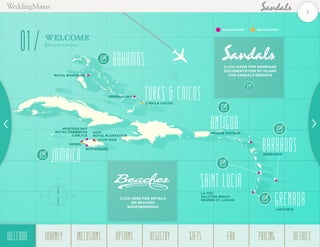 LA TOC
HALCYON BEACH
GRANDE ST. LUCIAN
SAINT LUCIA
JAMAICA
BARBADOS
LASOURCE
GRENADA
BAHAMAS
ROYAL BAHAMIAN
EMERALD BAY
OCHI
ROYAL PLANTATION
MONTEGO BAY
ROYAL CARIBBEAN
CARLYLE
WHITEHOUSE
ANTIGUAGRANDE ANTIGUA
NEGRIL
CLICK ICONS FOR MARRIAGE
DOCUMENTATION BY ISLAND
FOR SANDALS RESORTS
CLICK HERE FOR DETAILS
ON BEACHES
WEDDINGMOONS
OCHO RIOS
TURKS & CAICOS
SANDALS RESORT BEACHES RESORT
BARBADOS
TURKS & CAICOS
WELCOME
Destinations
01
5
WELCOME REGISTRYJOURNEY GIFTSINCLUSIONS FAQOPTIONS PRICING DETAILSWELCOME
 