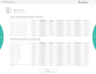 PRICING
08 Photogr a ph y 2/4
53
Á LA CARTE PHOTO BOOK OPTIONS
ALL OF THE FOLLOWING ITEMS ARE ONLY SOLD WITH THE PURCHASE OF A PHOTO BOOK PACKAGE
PHOTO BOOKADD-ON OPTIONS
ALL OF THE FOLLOWING ITEMS ARE ONLY SOLD WITH THE PURCHASE OF A PHOTO BOOK PACKAGE
JAMAICA
NASSAU,
BAHAMAS
EXUMA,
BAHAMAS
SAINT LUCIA ANTIGUA GRENADA BARBADOS
PHOTO BOOKS - 10X10 OR 12X12 - 50 IMAGES $1,200.00 $1,400.00 $1,400.00 $1,300.00 $1,300.00 $1,300.00 $1,300.00
PHOTO BOOKS - 10X10 OR 12X12 - 70 IMAGES $1,240.00 $1,440.00 $1,440.00 $1,340.00 $1,340.00 $1,340.00 $1,340.00
PHOTO BOOKS - 10X10 OR 12X12 - 90 IMAGES $1,280.00 $1,480.00 $1,480.00 $1,380.00 $1,380.00 $1,380.00 $1,380.00
PHOTO BOOKS - 10X10 OR 12X12 - 110 IMAGES $1,320.00 $1,520.00 $1,520.00 $1,420.00 $1,420.00 $1,420.00 $1,420.00
PHOTO BOOKS - 10X10 OR 12X12 - 130 IMAGES $1,360.00 $1,560.00 $1,560.00 $1,460.00 $1,460.00 $1,460.00 $1,460.00
PHOTO BOOKS - 10X10 OR 12X12 - 150 IMAGES $1,400.00 $1,600.00 $1,600.00 $1,500.00 $1,500.00 $1,500.00 $1,500.00
PHOTO BOOKS - 10X10 OR 12X12 - 170 IMAGES $1,440.00 $1,640.00 $1,640.00 $1,540.00 $1,540.00 $1,540.00 $1,540.00
PHOTO BOOKS - 10X10 OR 12X12 - 190 IMAGES $1,480.00 $1,680.00 $1,680.00 $1,580.00 $1,580.00 $1,580.00 $1,580.00
PHOTO BOOKS - 10X10 OR 12X12 - 210 IMAGES $1,520.00 $1,720.00 $1,720.00 $1,620.00 $1,620.00 $1,620.00 $1,620.00
JAMAICA
NASSAU,
BAHAMAS
EXUMA,
BAHAMAS
SAINT LUCIA ANTIGUA GRENADA BARBADOS
PARENT BOOK - 50 IMAGES $320.00 $320.00 $320.00 $320.00 $320.00 $320.00 $320.00
PARENT BOOK - 70 IMAGES $360.00 $360.00 $360.00 $360.00 $360.00 $360.00 $360.00
PARENT BOOK - 90 IMAGES $400.00 $400.00 $400.00 $400.00 $400.00 $400.00 $400.00
PARENT BOOK - 110 IMAGES $440.00 $440.00 $440.00 $440.00 $440.00 $440.00 $440.00
PARENT BOOK - 130 IMAGES $480.00 $480.00 $480.00 $480.00 $480.00 $480.00 $480.00
PARENT BOOK - 150 IMAGES $520.00 $520.00 $520.00 $520.00 $520.00 $520.00 $520.00
PARENT BOOK - 170 IMAGES $560.00 $560.00 $560.00 $560.00 $560.00 $560.00 $560.00
PARENT BOOK - 190 IMAGES $600.00 $600.00 $600.00 $600.00 $600.00 $600.00 $600.00
PARENT BOOK - 210 IMAGES $640.00 $640.00 $640.00 $640.00 $640.00 $640.00 $640.00
BRAG BOOK - 21 IMAGES $90.00 $90.00 $90.00 $90.00 $90.00 $90.00 $90.00
THANK YOU NOTE CARDS $40.00 $40.00 $40.00 $40.00 $40.00 $40.00 $40.00
CALENDAR - 13 IMAGES $120.00 $120.00 $120.00 $120.00 $120.00 $120.00 $120.00
PHOTOGRAPHY & VIDEOGRAPHY ADDITIONAL
HOURLY RATE
$100.00 $100.00 $100.00 $100.00 $100.00 $100.00 $100.00
BACK
TO OPTIONS/PHOTOGRAPHY
 