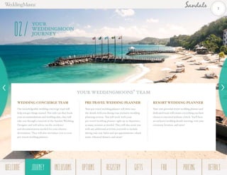 YOUR
WEDDINGMOON
JOURNEY02
Your own personal resort wedding planner and
dedicated team will ensure everything you have
chosen is executed without a hitch. You’ll have
an exclusive wedding details meeting, visit your
ceremony location, and more!
PRE-TRAVEL WEDDING PLANNERWEDDING CONCIERGE TEAM
YOUR WEDDINGMOONS
®
TEAM
RESORT WEDDING PLANNER
Our knowledgeable wedding concierge team will
help you get things started. Not only can they book
your accommodations and wedding date, they will
take you through a tutorial of the Sandals Wedding
Designer and will advise on the residency
and documentation needed for your chosen
destination. They will also introduce you to your
pre-travel wedding planner.
Your pre-travel wedding planner will delve into
the details with you during your exclusive wedding
planning session. You will work with your
pre-travel wedding planner right up to departure,
as many sessions as needed. They will also assist you
with any additional activities you wish to include
during your stay. Salon and spa appointments, island
tours, rehearsal dinners, and more!
7
WELCOME REGISTRYJOURNEY GIFTSINCLUSIONS FAQOPTIONS PRICING DETAILSJOURNEY
 