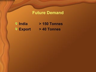 Future Demand 
India > 150 Tonnes 
Export > 40 Tonnes 
 