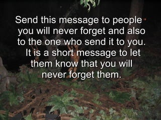 Send this message to people you will never forget and also to the one who send it to you.  It is a short message to let them know that you will never forget them. 