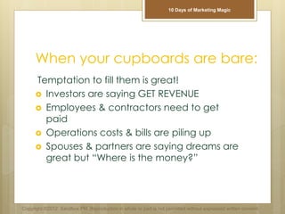 When your cupboards are bare:
Temptation to fill them is great!
 Investors are saying GET REVENUE
 Employees & contractors need to get
paid
 Operations costs & bills are piling up
 Spouses & partners are saying dreams are
great but “Where is the money?”
Copyright ©2012 Sandbox PM. Reproduction in whole or part is not permitted without expressed written consent.
10 Days of Marketing Magic
 