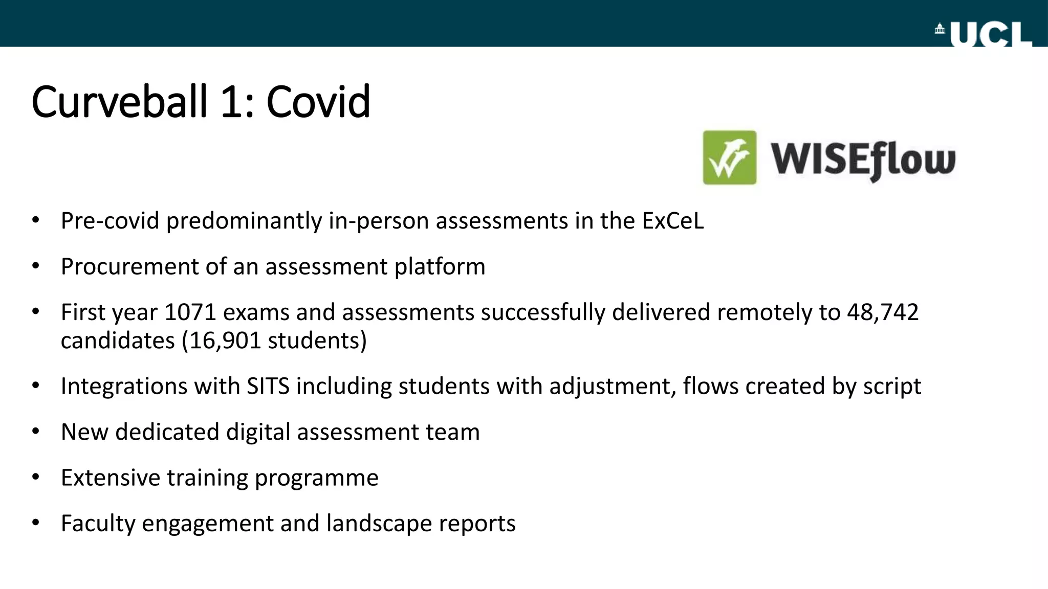 Curveball 1: Covid
• Pre-covid predominantly in-person assessments in the ExCeL
• Procurement of an assessment platform
• First year 1071 exams and assessments successfully delivered remotely to 48,742
candidates (16,901 students)
• Integrations with SITS including students with adjustment, flows created by script
• New dedicated digital assessment team
• Extensive training programme
• Faculty engagement and landscape reports
 