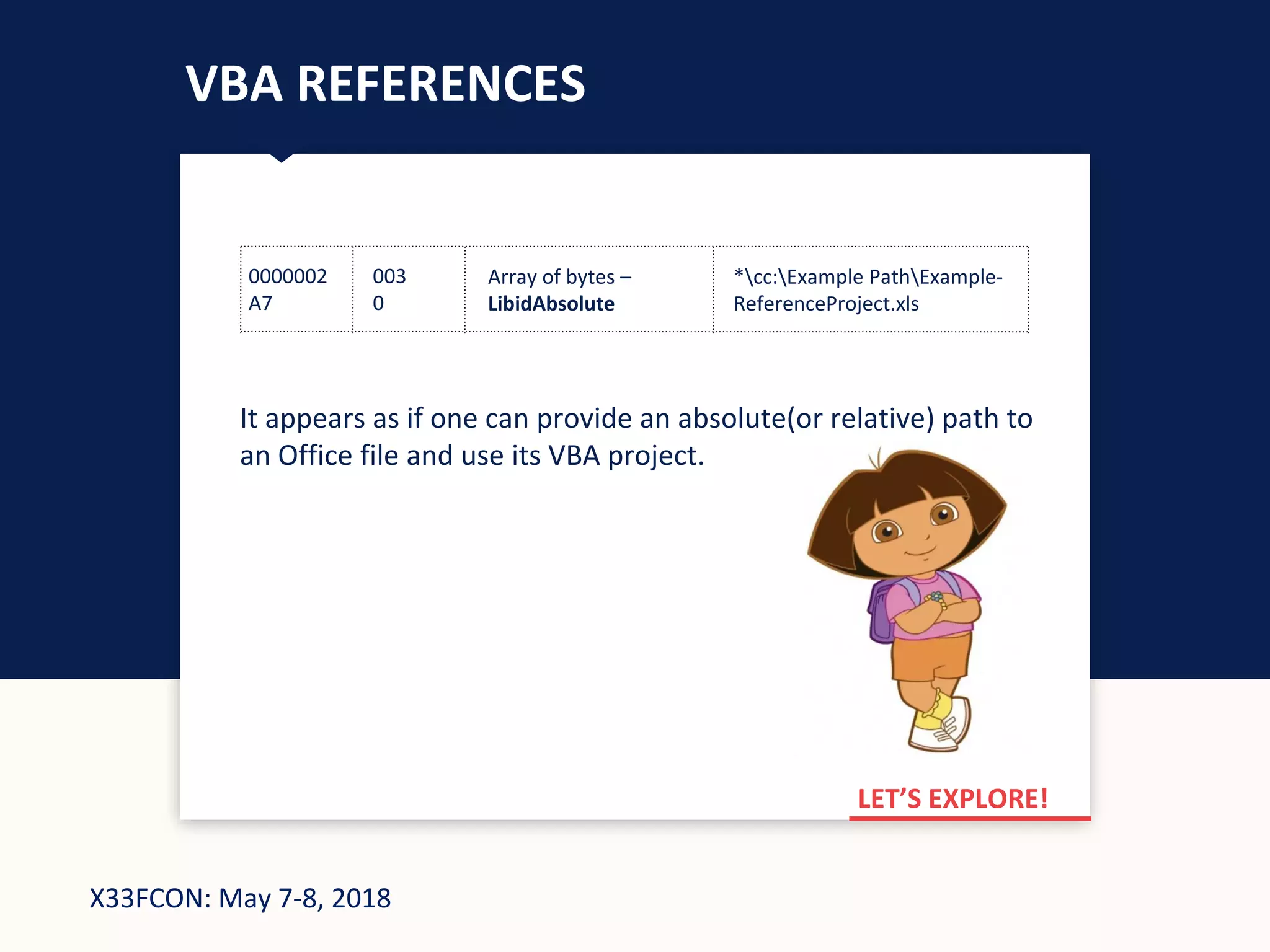 X33FCON: May 7-8, 2018
VBA REFERENCES
It appears as if one can provide an absolute(or relative) path to
an Office file and use its VBA project.
0000002
A7
003
0
Array of bytes –
LibidAbsolute
*cc:Example PathExample-
ReferenceProject.xls
LET’S EXPLORE!
 
