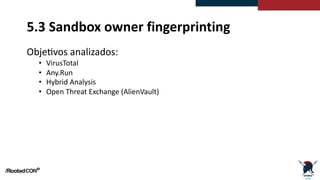 5.3 Sandbox owner fingerprinting
Obje2vos analizados:
• VirusTotal
• Any.Run
• Hybrid Analysis
• Open Threat Exchange (Ali...