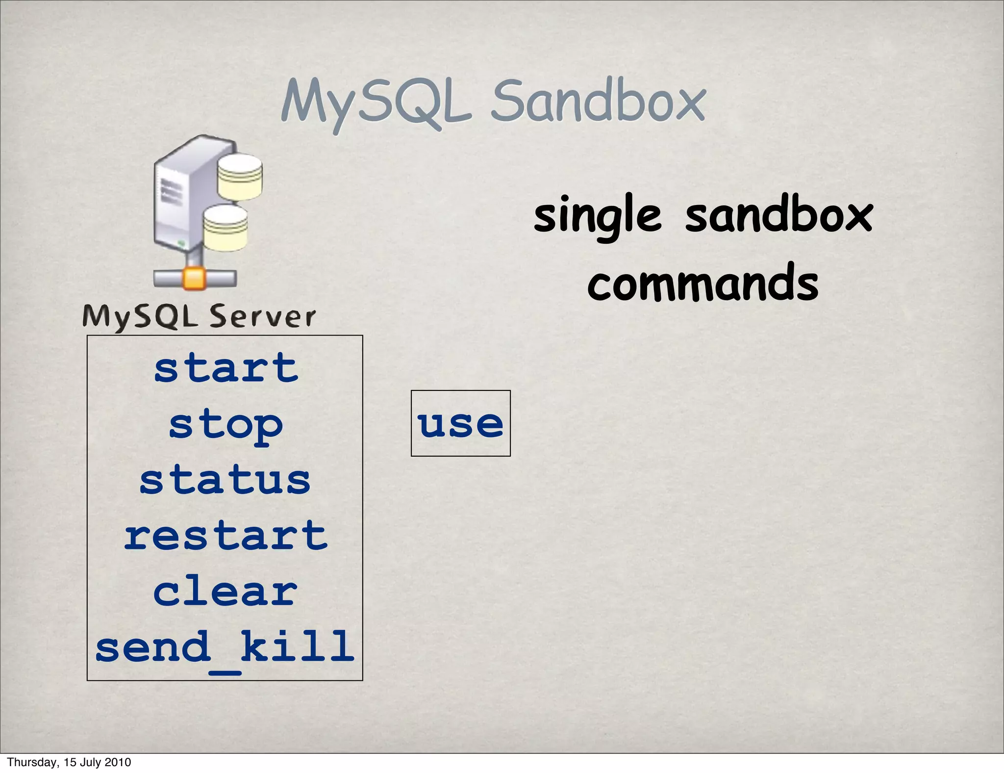MySQL Sandbox
                                   single sandbox
                                      commands
                 start
                 stop        use
                status
                restart
                 clear
               send_kill

Thursday, 15 July 2010
 
