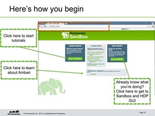 Here’s how you begin

Click here to start
tutorials

Click here to learn
about Ambari
Already know what
you’re doing?
Click here to get to
Sandbox and HDP
GUI

© Hortonworks Inc. 2013..

Page 10

 