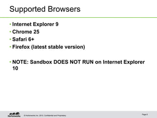 Supported Browsers
• Internet Explorer 9
• Chrome 25
• Safari 6+
• Firefox (latest stable version)
• NOTE: Sandbox DOES NOT RUN on Internet Explorer
10

© Hortonworks Inc. 2013..

Page 8

 