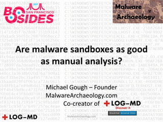 Are malware sandboxes as good
as manual analysis?
Michael Gough – Founder
MalwareArchaeology.com
Co-creator of
MalwareArchaeology.com
 