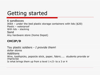 Activities require students, working in groups, to demonstrate what they know and understand about various topics Trench warfare, WW1 Battles, D-Day and Archeological Digs Activities include both an opportunity for feedback and assessment (Formative and box summative)