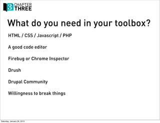 What do you need in your toolbox?
       HTML / CSS / Javascript / PHP

       A good code editor

       Firebug or Chrome Inspector

       Drush

       Drupal Community

       Willingness to break things




Saturday, January 26, 2013
 