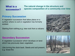 What is a 
succession? 
The natural change in the structure and 
species composition of a community over time 
Primary Succession 
A vegetation succession that takes place on a 
surface where no soil or vegetation has formerly 
existed. 
Starting from nothing e.g. new rock from a volcano 
Secondary Succession 
A vegetation succession which develops on land 
which has previously been vegetated. 
Like turning the clock back. Seeds and soil present; 
e.g. forest fire 
 
