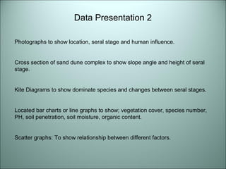 Data Presentation 2 
Photographs to show location, seral stage and human influence. 
Cross section of sand dune complex to show slope angle and height of seral 
stage. 
Kite Diagrams to show dominate species and changes between seral stages. 
Located bar charts or line graphs to show; vegetation cover, species number, 
PH, soil penetration, soil moisture, organic content. 
Scatter graphs: To show relationship between different factors. 
 