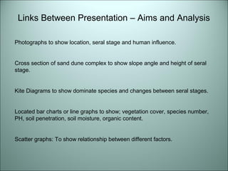 Links Between Presentation – Aims and Analysis 
Photographs to show location, seral stage and human influence. 
Cross section of sand dune complex to show slope angle and height of seral 
stage. 
Kite Diagrams to show dominate species and changes between seral stages. 
Located bar charts or line graphs to show; vegetation cover, species number, 
PH, soil penetration, soil moisture, organic content. 
Scatter graphs: To show relationship between different factors. 
 