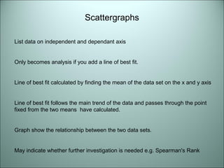 Scattergraphs 
List data on independent and dependant axis 
Only becomes analysis if you add a line of best fit. 
Line of best fit calculated by finding the mean of the data set on the x and y axis 
Line of best fit follows the main trend of the data and passes through the point 
fixed from the two means have calculated. 
Graph show the relationship between the two data sets. 
May indicate whether further investigation is needed e.g. Spearman's Rank 
 
