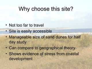Why choose this site? 
• Not too far to travel 
• Site is easily accessible 
• Manageable size of sand dunes for half 
day study 
• Can compare to geographical theory 
• Shows evidence of stress from coastal 
development 
