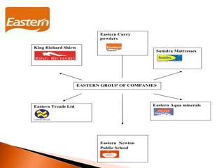 EASTERN GROUP OF COMPANIES
Sunidra Mattresses
Eastern Aqua minerals
Eastern Newton
Public School
Eastern Treads Ltd
King Richard Shirts
Eastern Curry
powders
 