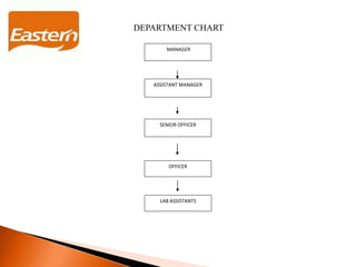 OFFICER
MANAGER
ASSISTANT MANAGER
SENIOR OFFICER
LAB ASSISTANTS
DEPARTMENT CHART
 