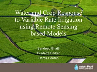 Water and Crop Response
to Variable Rate Irrigation
using Remote Sensing
based Models
Sandeep Bhatti
Burdette Barker
Derek Heeren
 
