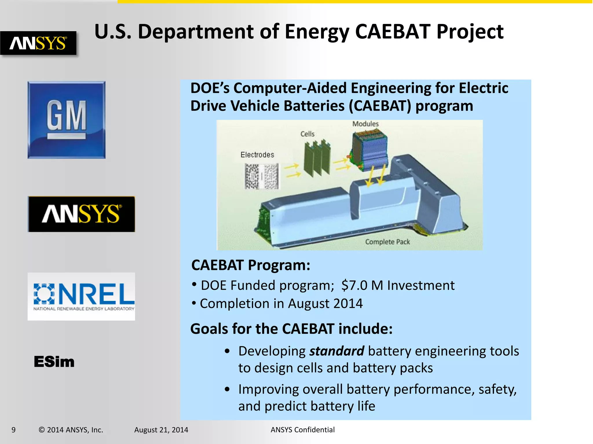 9 © 2014 ANSYS, Inc. August 21, 2014 ANSYS Confidential
U.S. Department of Energy CAEBAT Project
DOE’s Computer-Aided Engineering for Electric
Drive Vehicle Batteries (CAEBAT) program
ESim
Goals for the CAEBAT include:
• Developing standard battery engineering tools
to design cells and battery packs
• Improving overall battery performance, safety,
and predict battery life
CAEBAT Program:
• DOE Funded program; $7.0 M Investment
• Completion in August 2014
 