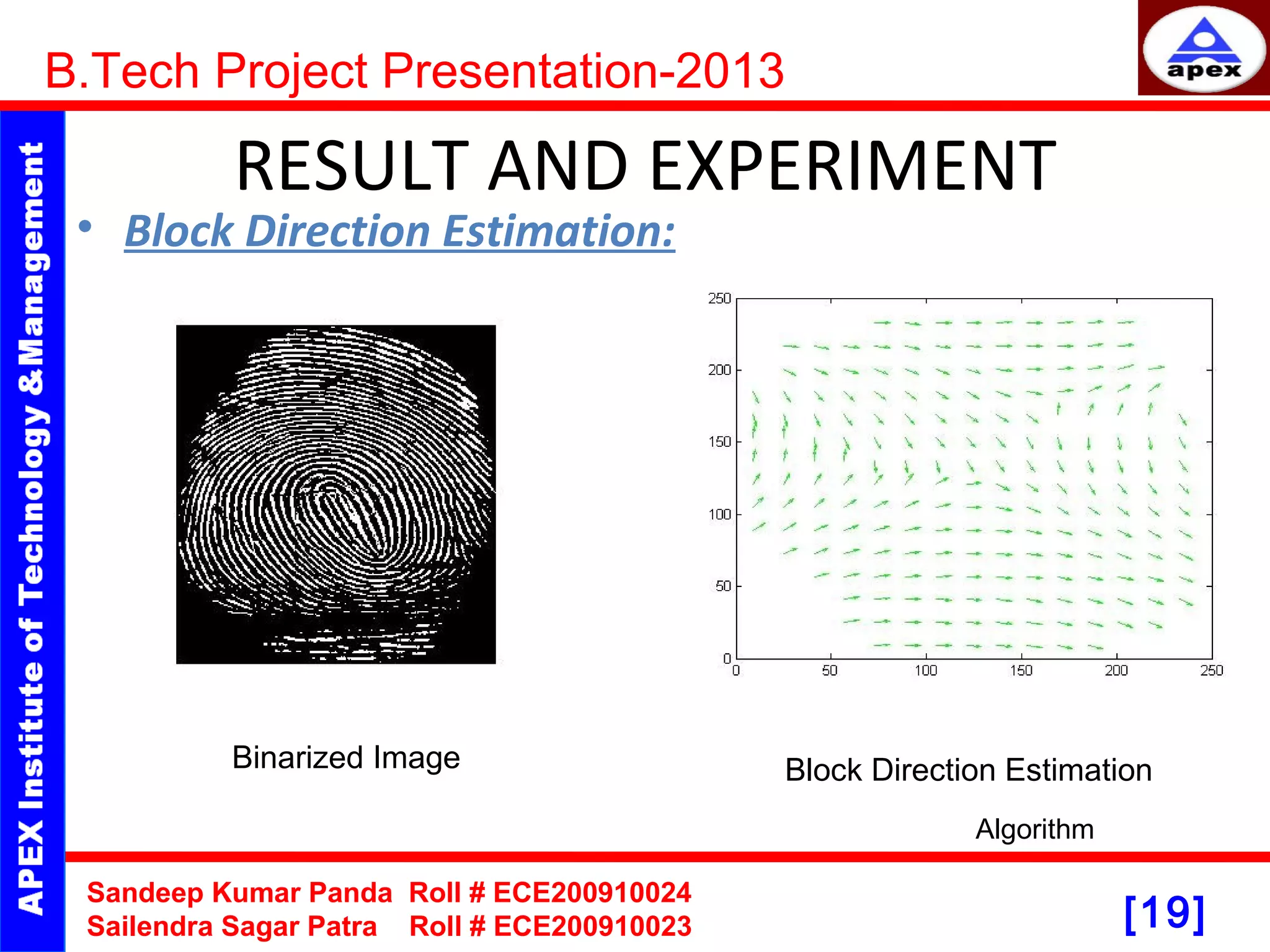 [19] RESULT AND EXPERIMENT • Block Direction Estimation: • : B.Tech Project Presentation-2013 Sandeep Kumar Panda Roll # ECE200910024 Sailendra Sagar Patra Roll # ECE200910023 Algorithm Binarized Image Block Direction Estimation 
