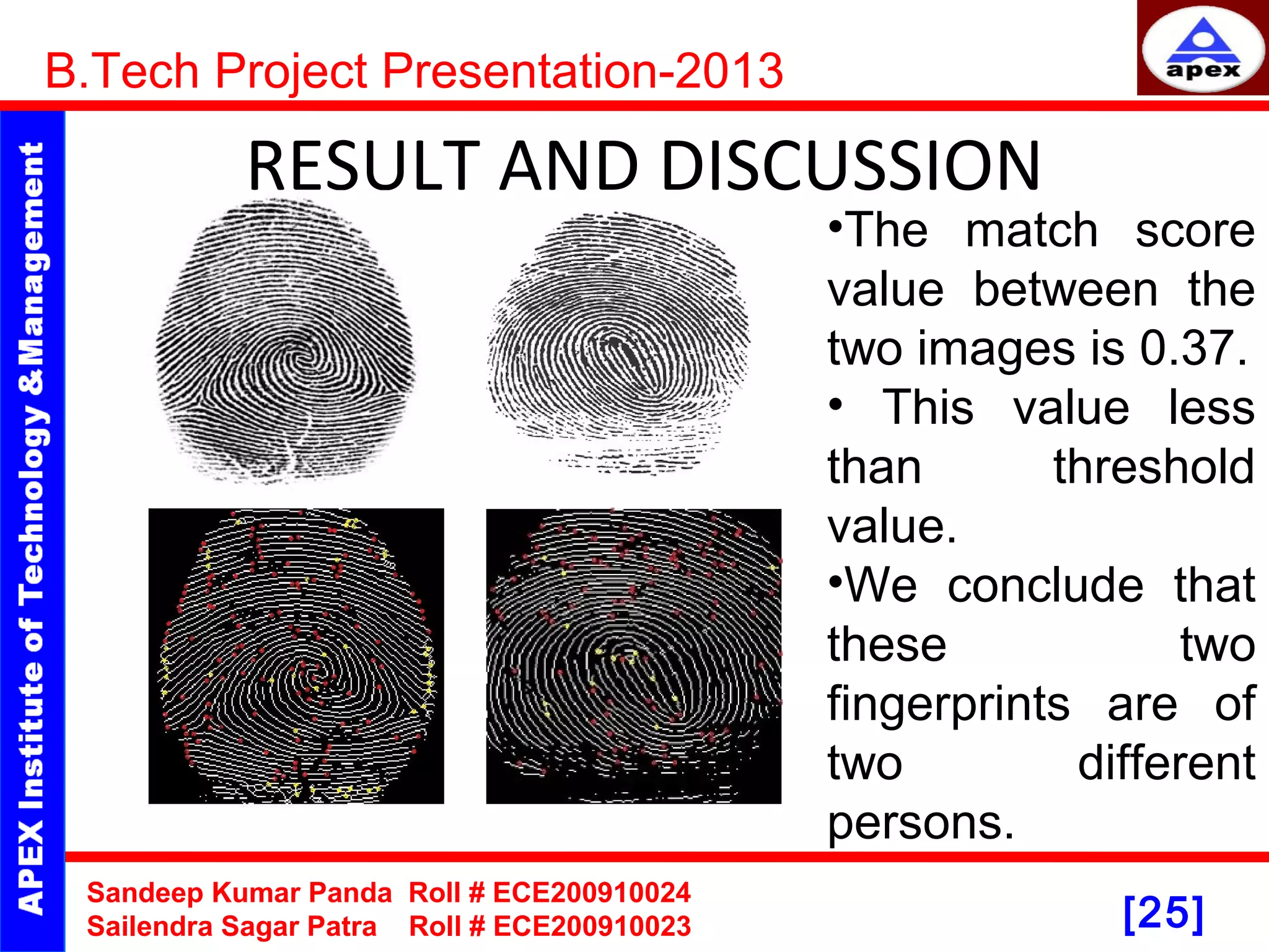 [25] RESULT AND DISCUSSION B.Tech Project Presentation-2013 Sandeep Kumar Panda Roll # ECE200910024 Sailendra Sagar Patra Roll # ECE200910023 •The match score value between the two images is 0.37. • This value less than threshold value. •We conclude that these two fingerprints are of two different persons. 