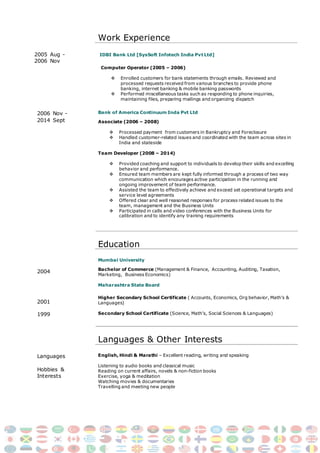 Work Experience
2005 Aug - IDBI Bank Ltd [SysSoft Infotech India Pvt Ltd]
2006 Nov
Computer Operator (2005 – 2006)
 Enrolled customers for bank statements through emails. Reviewed and
processed requests received from various branches to provide phone
banking, internet banking & mobile banking passwords
 Performed miscellaneous tasks such as responding to phone inquiries,
maintaining files, preparing mailings and organizing dispatch
2006 Nov -
2014 Sept
Bank of America Continuum Inda Pvt Ltd
Associate (2006 – 2008)
 Processed payment from customers in Bankruptcy and Foreclosure
 Handled customer-related issues and coordinated with the team across sites in
India and stateside
Team Developer (2008 – 2014)
 Provided coaching and support to individuals to develop their skills and excelling
behavior and performance.
 Ensured team members are kept fully informed through a process of two way
communication which encourages active participation in the running and
ongoing improvement of team performance.
 Assisted the team to effectively achieve and exceed set operational targets and
service level agreements
 Offered clear and well reasoned responses for process related issues to the
team, management and the Business Units
 Participated in calls and video conferences with the Business Units for
calibration and to identify any training requirements
Education
2004
2001
1999
Mumbai University
Bachelor of Commerce (Management & Finance, Accounting, Auditing, Taxation,
Marketing, Business Economics)
Maharashtra State Board
Higher Secondary School Certificate ( Accounts, Economics, Org behavior, Math’s &
Languages)
Secondary School Certificate (Science, Math’s, Social Sciences & Languages)
Languages & Other Interests
Languages
Hobbies &
Interests
English, Hindi & Marathi – Excellent reading, writing and speaking
Listening to audio books and classical music
Reading on current affairs, novels & non-fiction books
Exercise, yoga & meditation
Watching movies & documentaries
Travelling and meeting new people
 