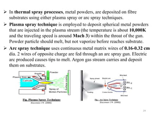  In thermal spray processes, metal powders, are deposited on fibre
substrates using either plasma spray or arc spray techniques.
 Plasma spray technique is employed to deposit spherical metal powders
that are injected in the plasma stream (the temperature is about 10,000K
and the traveling speed is around Mach 3) within the throat of the gun.
Powder particle should melt, but not vaporize before reaches substrate.
 Arc spray technique uses continuous metal matrix wires of 0.16-0.32 cm
dia. 2 wires of opposite charge are fed through an arc spray gun. Electric
arc produced causes tips to melt. Argon gas stream carries and deposit
them on substrates.
24
(Kaczmara J.W. (2000)) (Kaczmara J.W. (2000))
 