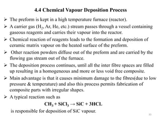  The preform is kept in a high temperature furnace (reactor).
 A carrier gas (H2, Ar, He, etc.) stream passes through a vessel containing
gaseous reagents and carries their vapour into the reactor.
 Chemical reaction of reagents leads to the formation and deposition of
ceramic matrix vapour on the heated surface of the preform.
 Other reaction powders diffuse out of the preform and are carried by the
flowing gas stream out of the furnace.
 The deposition process continues, until all the inter fibre spaces are filled
up resulting in a homogeneous and more or less void free composite.
 Main advantage is that it causes minimum damage to the fibres(due to low
pressure & temperature) and also this process permits fabrication of
composite parts with irregular shapes.
 A typical reaction such as
CH3 + SiCl3 → SiC + 3HCL
is responsible for deposition of SiC vapour.
33
4.4 Chemical Vapour Deposition Process
 