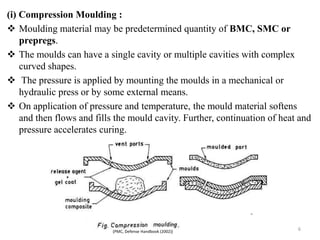 (i) Compression Moulding :
 Moulding material may be predetermined quantity of BMC, SMC or
prepregs.
 The moulds can have a single cavity or multiple cavities with complex
curved shapes.
 The pressure is applied by mounting the moulds in a mechanical or
hydraulic press or by some external means.
 On application of pressure and temperature, the mould material softens
and then flows and fills the mould cavity. Further, continuation of heat and
pressure accelerates curing.
6(PMC, Defense Handbook (2002))
 