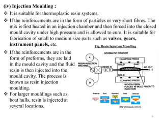 (iv) Injection Moulding :
 It is suitable for thermoplastic resin systems.
 If the reinforcements are in the form of particles or very short fibres. The
mix is first heated in an injection chamber and then forced into the closed
mould cavity under high pressure and is allowed to cure. It is suitable for
fabrication of small to medium size parts such as valves, gears,
instrument panels, etc.
9
 If the reinforcements are in the
form of preforms, they are laid
in the mould cavity and the fluid
resin is then injected into the
mould cavity. The process is
known as resin injection
moulding.
 For larger mouldings such as
boat hulls, resin is injected at
several locations. (NV Srinivasulu (2012))
 