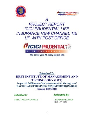 A
       PROJECT REPORT
     ICICI PRUDENTIAL LIFE
 INSURANCE NEW CHANNEL TIE
     UP WITH POST OFFICE




                       Submitted To
 DR.IT INSTITUTE OF MANAGEMENT AND
           TECHNOLOGY (IMT)
  In partial fulfillment of the requirement for the degree of
  BACHULAR OF BUSINESS ADMINISTRATION (BBA)
                      (Session 2010-2011)

Submitted to                          Submitted By
MISS. TARUNA DUREJA                    SANDEEP KUMAR
                                      BBA – 5th SEM



                               1
 