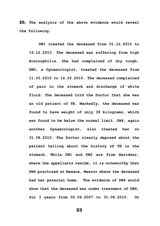 23
20. The analysis of the above evidence would reveal
the following:
DW1 treated the deceased from 01.12.2010 to
19.12.2010. The deceased was suffering from high
Eosinophilia. She had complained of dry cough.
DW2, a Gynaecologist, treated the deceased from
11.05.2010 to 14.05.2010. The deceased complained
of pain in the stomach and discharge of white
fluid. The deceased told the Doctor that she was
an old patient of TB. Markedly, the deceased was
found to have weight of only 39 kilograms, which
was found to be below the normal limit. DW4, again
another Gynaecologist, also treated her on
31.08.2010. The Doctor clearly deposed about the
patient telling about the history of TB in the
stomach. While DW1 and DW2 are from Haridwar,
where the appellants reside, it is noteworthy that
DW4 practised at Mawana, Meerut where the deceased
had her paternal home. The evidence of DW4 would
show that the deceased was under treatment of DW4,
for 3 years from 02.06.2007 to 31.08.2010. On
 
