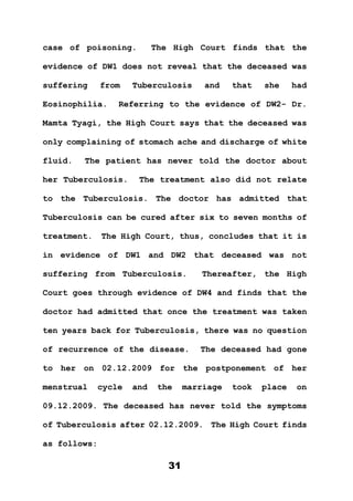 31
case of poisoning. The High Court finds that the
evidence of DW1 does not reveal that the deceased was
suffering from Tuberculosis and that she had
Eosinophilia. Referring to the evidence of DW2- Dr.
Mamta Tyagi, the High Court says that the deceased was
only complaining of stomach ache and discharge of white
fluid. The patient has never told the doctor about
her Tuberculosis. The treatment also did not relate
to the Tuberculosis. The doctor has admitted that
Tuberculosis can be cured after six to seven months of
treatment. The High Court, thus, concludes that it is
in evidence of DW1 and DW2 that deceased was not
suffering from Tuberculosis. Thereafter, the High
Court goes through evidence of DW4 and finds that the
doctor had admitted that once the treatment was taken
ten years back for Tuberculosis, there was no question
of recurrence of the disease. The deceased had gone
to her on 02.12.2009 for the postponement of her
menstrual cycle and the marriage took place on
09.12.2009. The deceased has never told the symptoms
of Tuberculosis after 02.12.2009. The High Court finds
as follows:
 