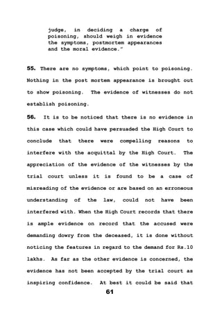 61
judge, in deciding a charge of
poisoning, should weigh in evidence
the symptoms, postmortem appearances
and the moral evidence.”
55. There are no symptoms, which point to poisoning.
Nothing in the post mortem appearance is brought out
to show poisoning. The evidence of witnesses do not
establish poisoning.
56. It is to be noticed that there is no evidence in
this case which could have persuaded the High Court to
conclude that there were compelling reasons to
interfere with the acquittal by the High Court. The
appreciation of the evidence of the witnesses by the
trial court unless it is found to be a case of
misreading of the evidence or are based on an erroneous
understanding of the law, could not have been
interfered with. When the High Court records that there
is ample evidence on record that the accused were
demanding dowry from the deceased, it is done without
noticing the features in regard to the demand for Rs.10
lakhs. As far as the other evidence is concerned, the
evidence has not been accepted by the trial court as
inspiring confidence. At best it could be said that
 
