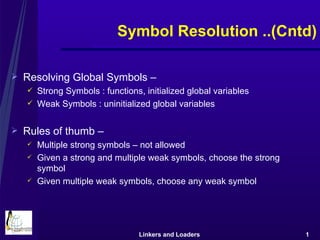 Symbol Resolution ..(Cntd) Resolving Global Symbols –  Strong Symbols : functions, initialized global variables Weak Symbols : uninitialized global variables Rules of thumb –  Multiple strong symbols – not allowed Given a strong and multiple weak symbols, choose the strong symbol Given multiple weak symbols, choose any weak symbol 