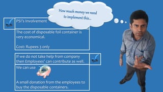 The cost of disposable foil container is
very economical.
Cost: Rupees 3 only
PSI’s Involvement
We can use
A small donation from the employees to
buy the disposable containers.
If we do not take help from company
then Employees' can contribute as well.
 