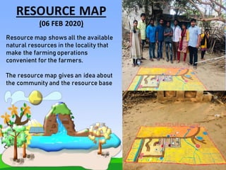 RESOURCE MAP
(06 FEB 2020)
Resource map shows all the available
natural resources in the locality that
make the farming operations
convenient for the farmers.
The resource map gives an idea about
the community and the resource base
 