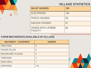 NO.OF HOUSES 150
ELECTRIFIED 150
PUCCA HOUSES 89
KACCHA HOUSES 61
HOSES WITH LATRINE
FACILITY
85
VILLAGE STATISTICS
MACHINERY / EQUIPMENT NUMBER
TRACTORS 9
POWER TILLER 6
MOLDBOARD PLOUGH 4
THRESHER 4
SEED DRILL 1
SPRAYERS 116
FARM MACINERIESAVAILABLE IN VILLAGE
 
