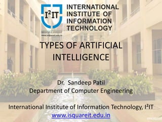 TYPES OF ARTIFICIAL
INTELLIGENCE
Dr. Sandeep Patil
Department of Computer Engineering
International Institute of Information Technology, I²IT
www.isquareit.edu.in
 