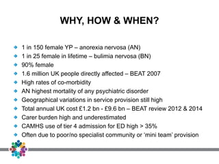 WHY, HOW & WHEN?
1 in 150 female YP – anorexia nervosa (AN)
1 in 25 female in lifetime – bulimia nervosa (BN)
90% female
1.6 million UK people directly affected – BEAT 2007
High rates of co-morbidity
AN highest mortality of any psychiatric disorder
Geographical variations in service provision still high
Total annual UK cost £1.2 bn - £9.6 bn – BEAT review 2012 & 2014
Carer burden high and underestimated
CAMHS use of tier 4 admission for ED high > 35%
Often due to poor/no specialist community or ‘mini team’ provision
 