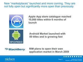 New “marketplaces” launched and more coming. They are not fully open but significantly more open than previously Apple App store catalogue reached 10,000 titles within 6 months of launch Android Market launched with 50 titles and is growing fast RIM plans to open their own application market in March 2009 