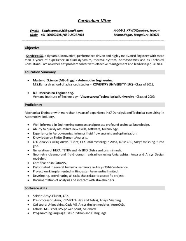 sandeep s g resume cfd automotive engineer resumes