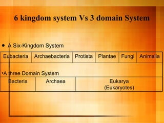 6 kingdom system Vs 3 domain System A Six-Kingdom System Eubacteria Archaebacteria Protista Plantae Fungi Animalia A three Domain System Bacteria Archaea Eukarya (Eukaryotes) 