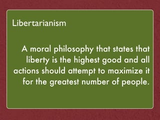 Can you increase equality without 
decreasing liberty? 
` 
! 
Imagine a equal world of distributed 
resources. Everyone has the same stuff. 
Unfortunately, you are LeBron James. 
People want to pay you 5$ a game to play 
for them. Do you have to give it back? 
Why would you ever play basketball at all? 
 