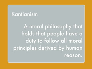 What about freedom and it’s 
connection to justice? 
` 
! 
•Is a person who is addicted to 
cigarettes free? 
•Is a person who eats a boatload of 
pistachio ice cream free ? 
•If the government tries to stop 
people from buying large sodas are 
they restricting freedom? 
 