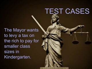 The Mayor
wants to levy a
tax on the rich
to pay for
smaller class
sizes in
Kindergarten.
TEST CASES
 